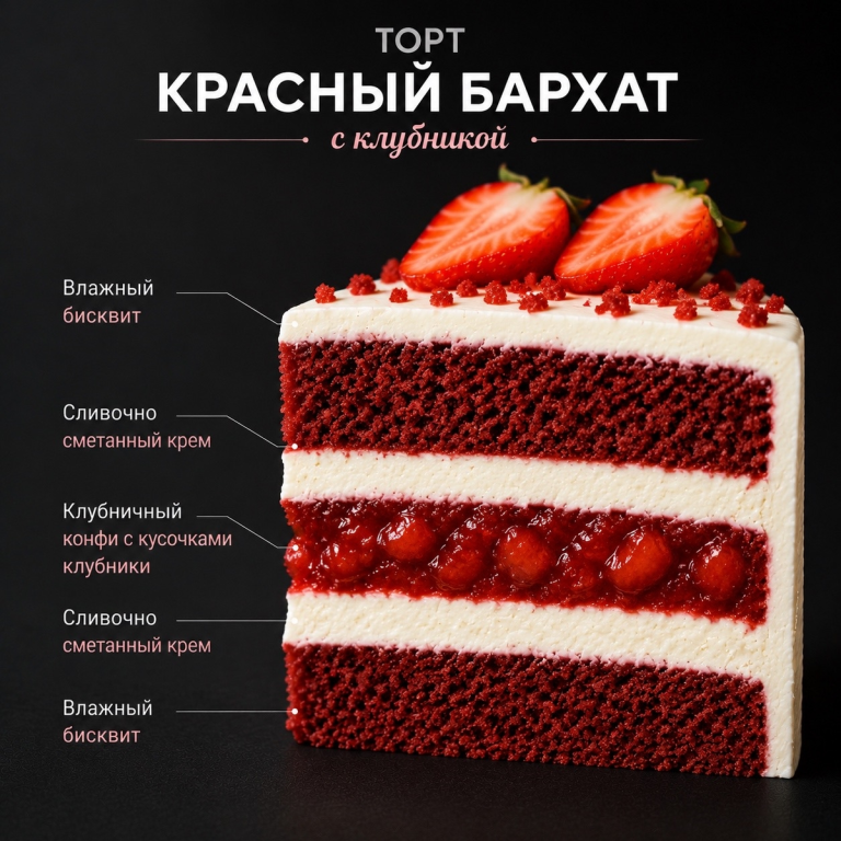 Торт «Красный бархат» с клубничной начинкой