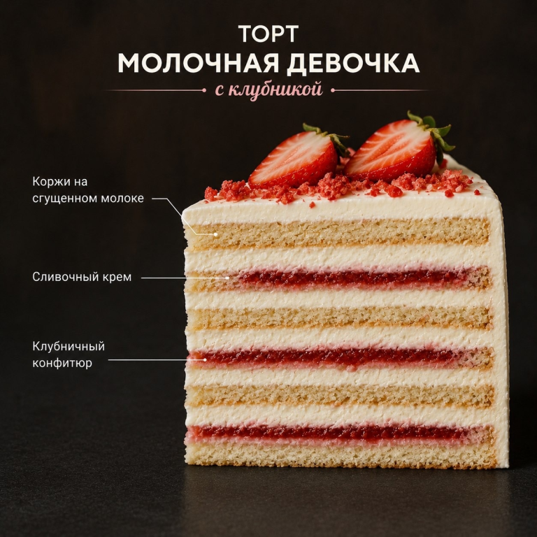 Торт «Молочная девочка» с клубничной начинкой